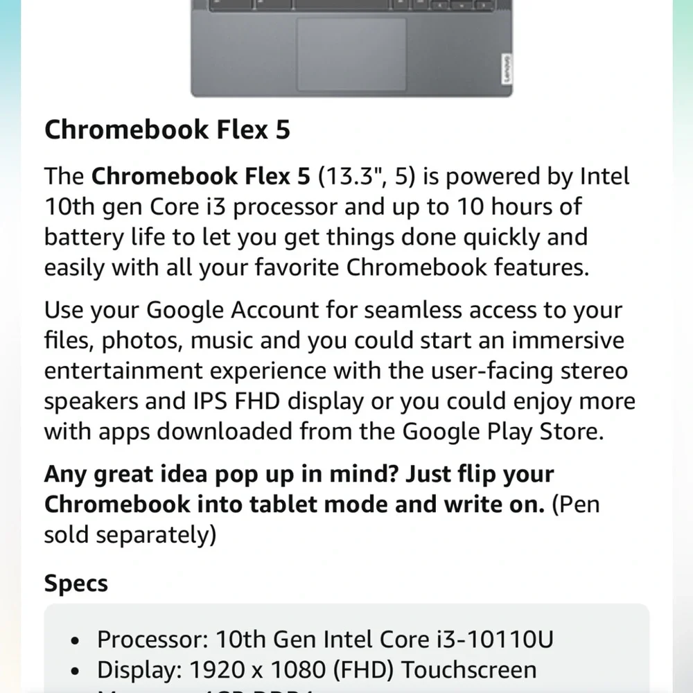 Lenovo Chromebook 13.3” display. Retails $360. Like new.